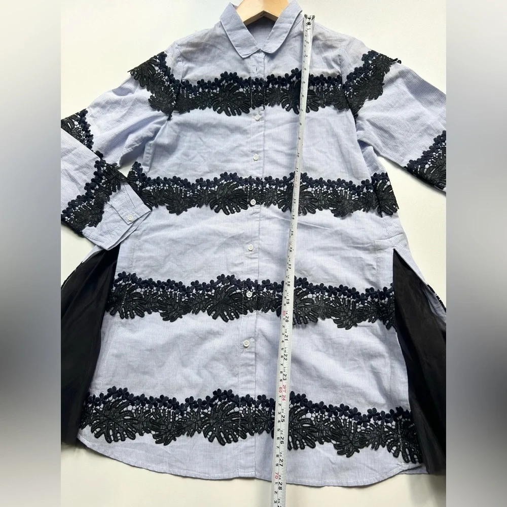 JNBY White blue Lace Striped Dress a line collar button
